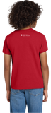 Person wearing a red t-shirt with the logo of Independence Seaport Museum and stars and anchor insignia in white