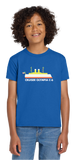 Child wearing a blue t-shirt with a graphic design of Cruiser OLYMPIA