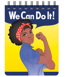 African American Rosie the Riveter is shown on a yellow notepad with a blue text bubble with white text that reads "We Can Do It!" The illustration of Rosie the Riveter has dark skin, a red headband with white polka dots, curly black hair, and a blue shirt.