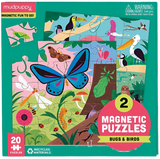 The cover of a puzzle box. In the center of the box shows a puzzle with many different kinds of bugs. Behind it, you can see a puzzle with many different kinds of birds. On the lower right-hand side, it states "2 magnetic puzzle. Bugs & birds."