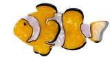 A clownfish hair clip. The clownfish is orange with white stripes. There is a black outline outside of the white stripes. It has a black eye.