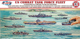 The box for a set of model ships. There is an illustration of 12 ships, and a hand reaching out to grab one of them. The set is called, "US Combat Task Force Fleet" and features 12 different model ships.