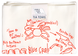 A tea towel that has an illustrated depiction of a crab and how to properly eat it. There is text that goes through step by step on how to prepare and eat the crab.