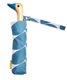 A blue and white umbrella with a duck head at the top of the pole with a blue beak.