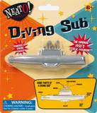 Packaging for a diving sub toy. The packaging is orange, tan, and blue with stars all around, and a small diagram of the parts of the submarine toy are underneath the toy itself. The diving sub toy is grey. There is text on the packaging that reads, "Neato! Classics. Diving sub. Powered by baking powder! The original 1950's cereal premium."