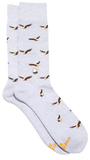 A pair of socks. They are grey with illustrations of eagles on them.