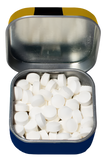 An open tin that reveals an array of white, circular mints.