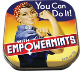 A pack of mints with a picture of Rosie the Riveter on it. There is a text box next to Rosie that reads, "You can do it!" and more text across the screen that reads, "With Empowermints." The O in Empowermints is the sign for female.