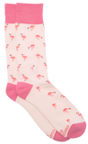 A pair of socks. They are light pink with illustrated flamingos on them. The top, heel, and toes of the socks are a darker pink.