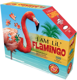 A puzzle box with text that says, "I Am Lil' Flamingo. Animal-Shaped jigsaw puzzle. Poster size! 100 pieces. For ages 5+." There is a picture of a flamingo on the side of the box with puzzle pieces coming out of it.