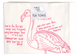 A tea towel with a simple illustration of a flamingo on it. Some facts about flamingos are written on the towel.