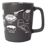 A grey mug with illustrated food from Philadelphia. From the angle of the mug, we can see red gravy, snack cakes, beer, and scrapple.