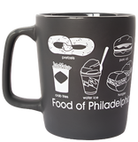 A grey mug with white illustrations of different foods from Philadelphia. The foods we can see from this angle are a soft pretzel, a pork roll sandwich, crab fries, water ice, and hoagies.