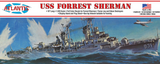 A box for a model ship. There is an illustration of a ship in the water, with waves crashing around it. The ship is called, "USS Forrest Sherman."
