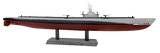 The Gato Fleet submarine model built. It is grey with a red bottom and is propped up on a stand that says, "Fleet submarine."