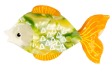 A claw clip of a fish. The fish is green and yellow with a tan face and a bright orange tail with yellow stripes. Its body has white triangles on it that resemble scales.
