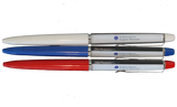 Three pens next to each other. The bases of each individually are white, blue, and red. Each has a floating logo that says "Independence Seaport Museum" with a small anchor in a circle surrounded by stars next to it.