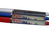 Three pens next to each other. The bases of each individually are white, blue, and red. Each has a floating sign of the skyline of Philadelphia, including small illustrations of the liberty bell, Rocky, and the Love sign.