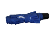 A bundled up blue umbrella with a black bottom.