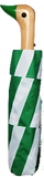 A green and white umbrella with a duck head on top of the pole with a green beak.