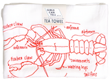 A tea towel with an illustration of a lobster on it, and text showing the different anatomy of the lobster. It is all in red in a sketchy style.