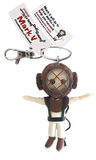 A string doll of a diver. He is wearing a diving helmet, a brown shirt, a black harness, white pants, and brown shoes. His tag reads that his name is, "Mark V."
