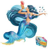A puzzle that is shaped like a mermaid holding a shell. There are puzzle pieces missing from it and some pieces next to her head. Next to it is a puzzle box with text that says, "I Am Mermaid. Mermaid-shaped jigsaw puzzle. Poster size! 1000 pieces. For ages 12+." There is a picture of a mermaid on the side of the box with puzzle pieces coming out of her.