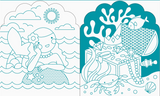 The inside of the coloring and sticker book showing two illustrations in blue. One is of a mermaid sitting in the ocean with the sun and clouds above her, another is a treasure chest on the sea floor surrounded by different fish and a crab.