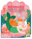 The cover for a sticker and coloring book for mermaids. There is an illustration of a clam shell with small fish, seahorses, plants, and starfish all around. In the center, there is a mermaid with orange hair and a green tail holding a shell. There is text at the top of the cover that reads, "Mermaids coloring book + stickers."