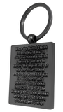 The back of the Rosie the Riveter keychain. It is metal with text that reads, "When the United States entered World War II, the government created a series of posters to convey the importance of the war effort and to encourage women to join the workforce. They promoted the fictional character of Rosie the Riveter as the ideal woman worker: loyal, efficient, patriotic, and pretty."