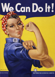 A magnet with Rosie the Riveter. She has on her iconic red and white spotted headband and blue shirt on, while holding out her arm with her fist clenched. There is a blue text bubble above her that says in white text, "We Can Do It!" The background is yellow.