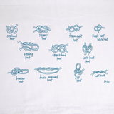 An illustration of different kinds of knots you can tie, along with text listing what each kind of knot is. It is illustrated in a blue sketchy style.