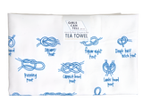 A tea towel that has different kinds of knots you can tie on it, along with text listing what each kind of knot is. It is illustrated in a blue sketchy style.