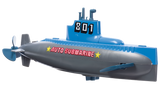 A wind up submarine toy. It has a blue top with the number 801 on it, and the base is grey. The words, "Auto submarine" are printed on the base in white and red text with yellow stars around it.
