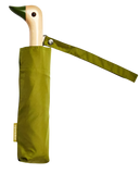 An olive-colored umbrella with a duck head at the top of the pole with an olive-colored beak.