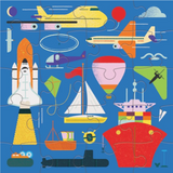 A completed magnetic puzzle. It is blue and has different modes of transportation on it, including two planes, a helicopter, a hot air balloon, a paraglider, a few ships, a submarine, and a rocket.