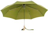 An open green umbrella. There is a duck head at the base of the pole with a green beak.