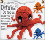 Three variations of a string doll octopus. He is shown in red, orange, and blue with black and white eyes. Text on the side reads, "Otto the octopus gives you the dexterity to become a master of your craft."
