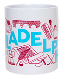 A white Philadelphia mug. It has blue text across the mug that says, "Philadelphia" and red illustrated iconography from Philadelphia.