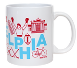 A white Philadelphia mug. It has blue text across the mug that says, "Philadelphia" and red illustrated iconography from Philadelphia.