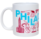A white Philadelphia mug. It has blue text across the mug that says, "Philadelphia" and red illustrated iconography from Philadelphia.