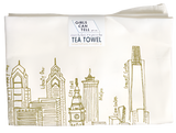 A tea towel of an illustrated Philadelphia skyline. The art is in yellow with a sketched style.