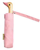 A pink umbrella with a duck head at the top of the pole with a pink beak.