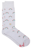 A pair of socks. They are white with rainbows on them.