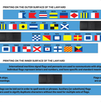 An image showing the different printing on the inner and outer surface of the lanyard. On the outer surface, there are the signal flags. On the inner surface, there is text that reads, "international maritime signal flags and pennants are used to communicate with ships. Individual flags represent letters and numbers, and have specific and standard meanings. Flags can be laid out in order to spell words or phrases."
