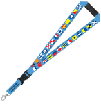 A lanyard with different signal flags on it. The lanyard is blue and says, "International signal flags."