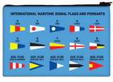 The back of the signal flag zipper bag, showing different pennants and signal flags. There is text at the top that reads, "International maritime signal flags and pennants."