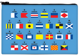 A zipper bag with illustrations of the different signal flags. The bag is blue with the signal flags on top.