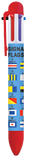 Multicolor ink pen with signal flags pictured. Blue, Red, Orange, Green, Purple, and Black ink colors. The top and bottom of the pen is red while the background of the signal flags is blue.