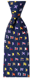 A blue tie with different signal flags on it.